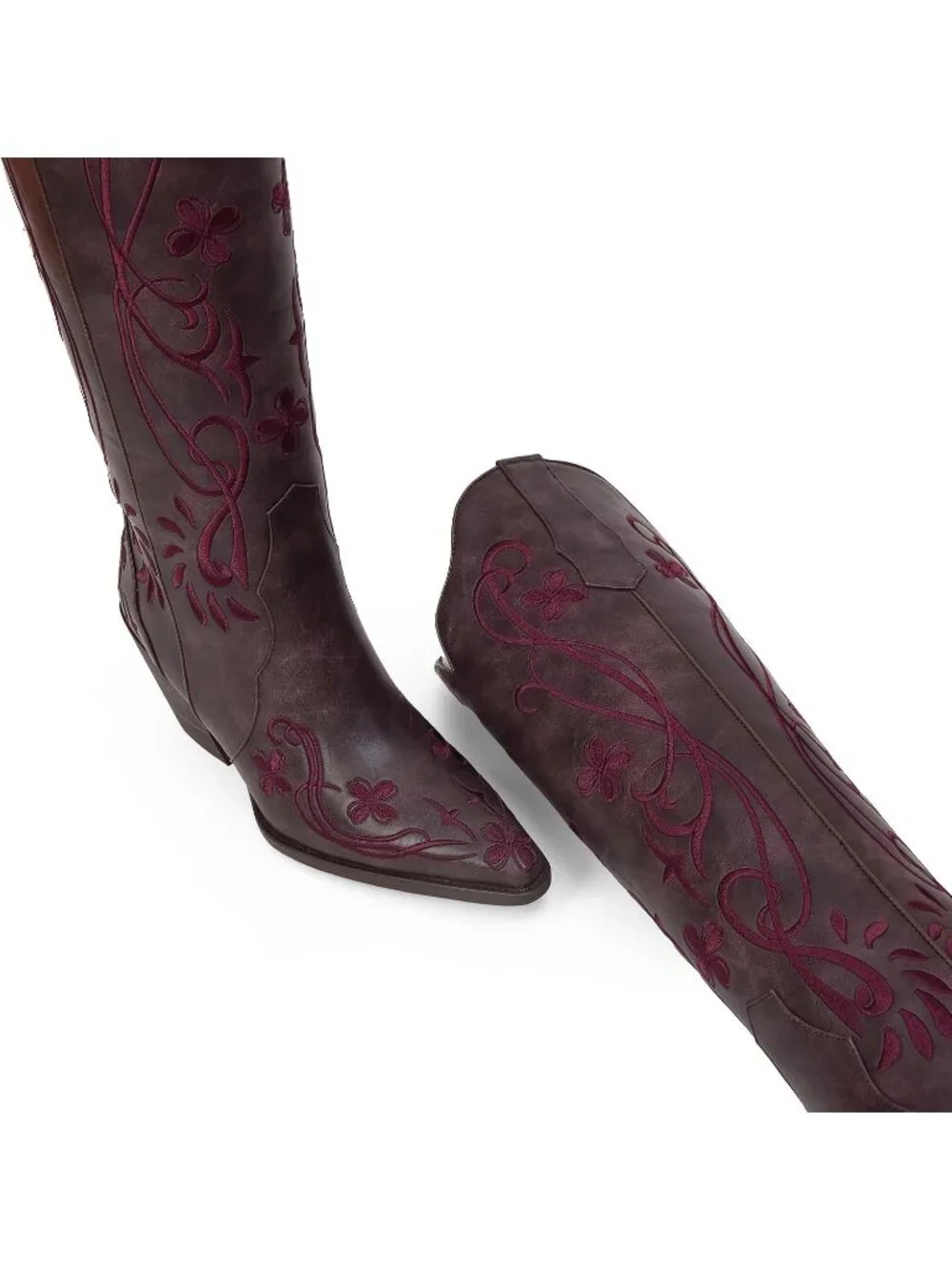Women's Dark Purple pu Knee High Floral Embroidered Vintage Cowgirl Boots